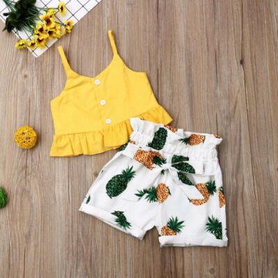 

US Seller Kid Baby Girl Tops T-Shirt Pineapple Short Pants Outfit Clothes Summer