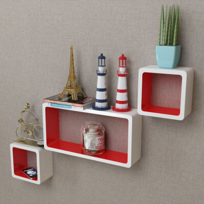 

3 White-Red MDF Floating Wall Display Shelf Cubes BookDVD Storage