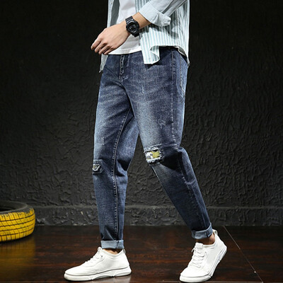 

Gobestart Mens New Fashion Casual Straight Denim Slim Hole Jeans Long Paddy Pant