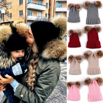 

Mother Baby Kids Daughter Son Winter Warm Hat Family Crochet Fur Ball Beanie Cap