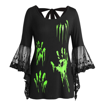 

Roseonmyhand Women Plus Size Halloween Lace Flare Sleeve Blood Hands Print Back Knotted Top