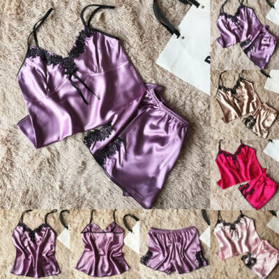 

2pc Women Summer Strap Satin Lace Babydoll Sleepwear Nightdress Pajamas Suit Set