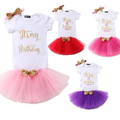 

3Pcs Cute Baby Girls Birthday Dress Romper Tutu Skirt Headband Cake Outfits Kids