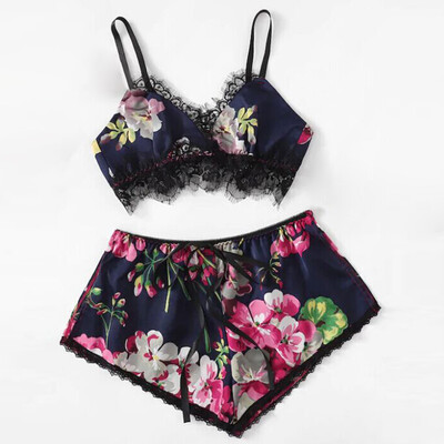 

2Pcs New Womens Sexy Hollow Out Sling Floral Printed Lace Trim DressPanty Linge
