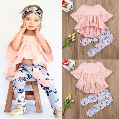 

2018 Newest Sweet & Lovely Baby Girls Toddler Outfit Set Ruffle Shirt T-shirt Top Long Pants Clothes