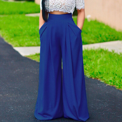 

Womens High Waist Fashion Solid Color Zipper Loose Wide Pants Long Trousers