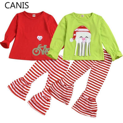 

Toddler Kid Baby Girl Christmas Clothes Long Sleeve Top Striped Pants Outfit Set