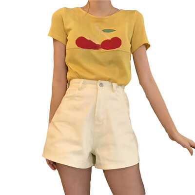 

Women Short Sleeve Cherry Print Stretch Casual Retro Design Tops Blouse
