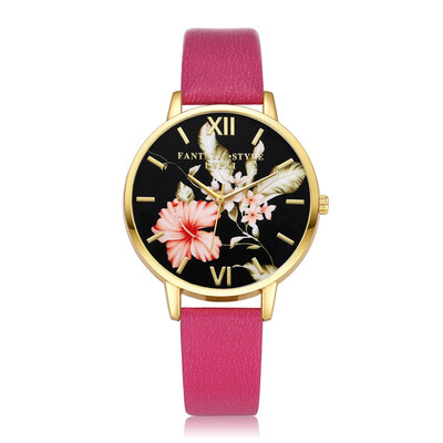 

Featured Womens Watches Scale Golden Border Dial Ladies Quartz Wristwatch Flower Pattern Leather Strap Clock Reloj Mujer