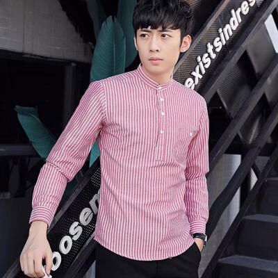 

Male Fashion Casual Cotton Shirt Slim Long-sleeve Stand Collar Shirts With Vertical Stripe For Men