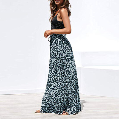 

Roseonmyhand Womens Leopard Print Long Drawstring Pleated High Waisted Bohemian Skirt