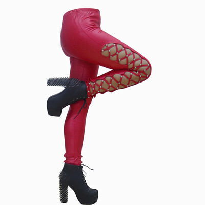 

Ladies Slim Fit Hollowed Faux Leather Sexy Tight Trousers Bandage Rivet Pants