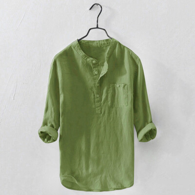 

Toponeto Mens Causal Shirt Long Sleeve Top Button Cotton Linen Solid Color Loose Blouse
