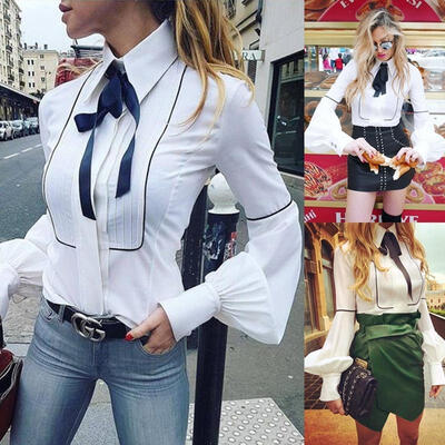 

Fashion Women Loose Autumn shirt Top Sweet Girls Office Ladies Lantern Sleeve Blouse Lady Casual Long Sleeve Bow Tied Shirt