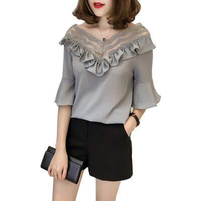 

EFINNY Chiffon Blouses Horn Sleeve Shirts Womens Lace Tops Shirts Plus Size  Women Clothing Korean Blusas Female