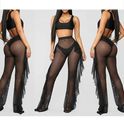 

Women Full Length Wide Leg Trousers Party Mesh Sheer Ruffle Beach Cover Up Pants