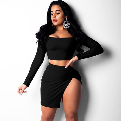 

Women Two Piece Set Crop Top Skirt Off Shoulder High Waist Split Mini Bodycon Sexy Night Clubwear