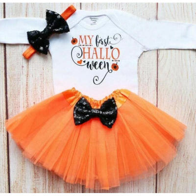 

3PCS Newborn Baby Girl Halloween Clothes Romper Top Lace Tutu Skirt Outfits Age For 0-18 Months