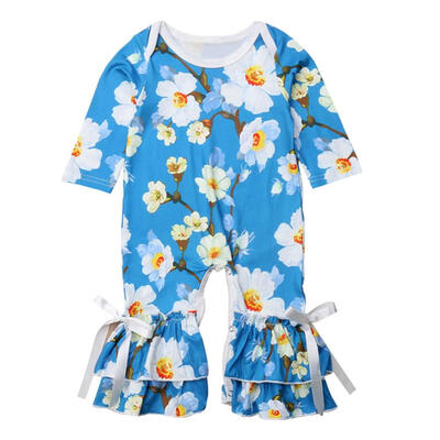 

Baby Cotton Floral Print Sweet Rompers Long Sleeve O-Neck Ruffle Jumpsuit