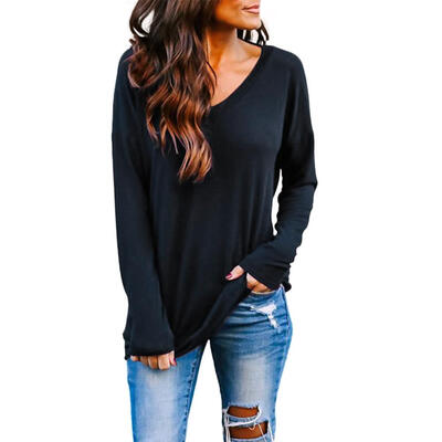 

Autumn Women T-shirt V-neck Backless Loose Solid Color Long Sleeve Tops