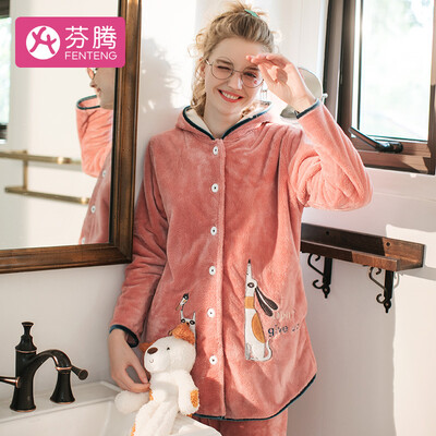 

Fenton coral velvet ladies pajamas 2018 autumn&winter new girlfriends cartoon cat hooded jade rabbit velvet soft home service J98940898 bean sand orange L