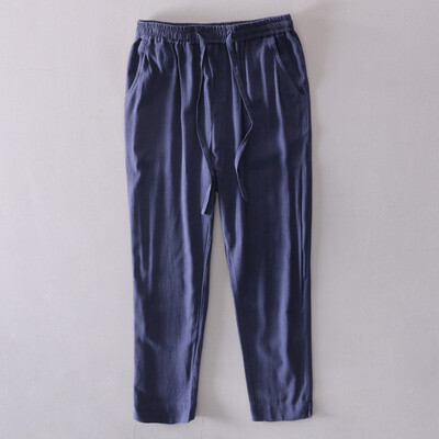 

New summer linen Capris solid color casual tie rope cotton hemp slacks for men