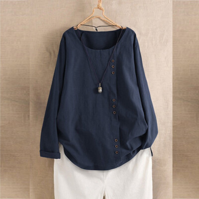 

Roseonmyhand Plus Size Women Long Sleeve Cotton Linen O-Neck Botton Blouse Top T-Shirt