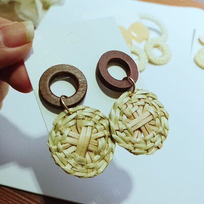 

Handmade Wooden Straw Weave Rattan Vine Braid Geometric Big Circle Square Long Drop Earrings For Women