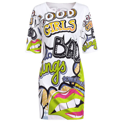 

Plus Size T Shirt Dress Women Funny Print Summer Dresses Cartoon Hip-Hop Lip Letters Mini Dress Club Party Vestidos Robe
