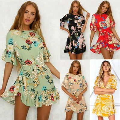 

Fashion Women Spaghetti Strap Floral Print Beach Style Skater A Line Mini Dress