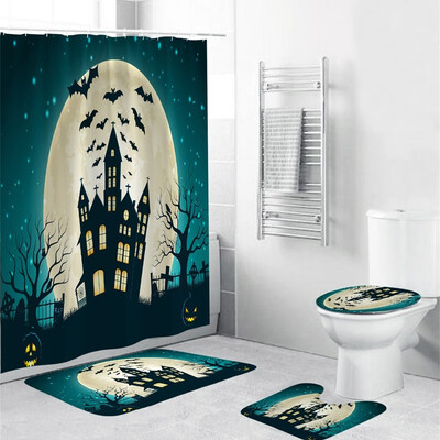 

〖Follure〗Halloween festival 4PCS Non Slip Toilet Polyester Cover Mat Set Bathroom Curtain