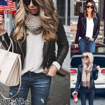 

Ladies Biker Leather Jacket Black Leather Jacket Loose Warm Zip Leather Jacket