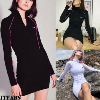 

2019 Womnes Autumn Letter Printing Hhigh Collar Long-Sleeved Slim Bag Hip Dress