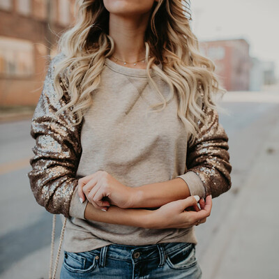 

Europe And The United States New Autumn Hood Sequins Stitching Solid Color Shirt Female Khaki
