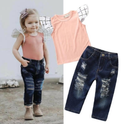 

Baby Kid Girls Summer Fly Sleeve T-shirt Tops Denim Pants Ripped Jeans Clothes Outfit Set 2Pcs