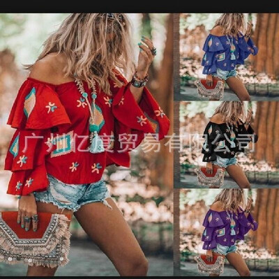 

Amazon Europe&the United States foreign trade new print off-the-shoulder collar loose shirt women blue
