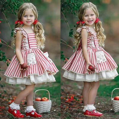 

Summer Toddler Kids Baby Girls Striped Party Lace Sleeve Princess Dress Clothes