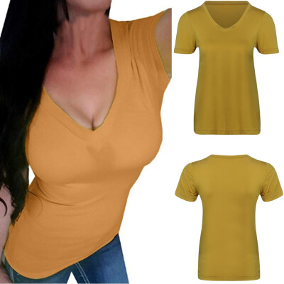 

Nomeni Women Fashion Sexy Short Sleeve O-Neck Pure Color Blouse Casual T-Shirt Tops