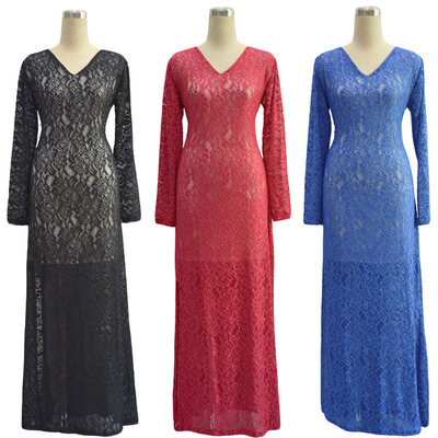 

Women Plus Size Lace Maxi Dress V-Neck Full Sleeve Lined Evening Party Solid Long Dress