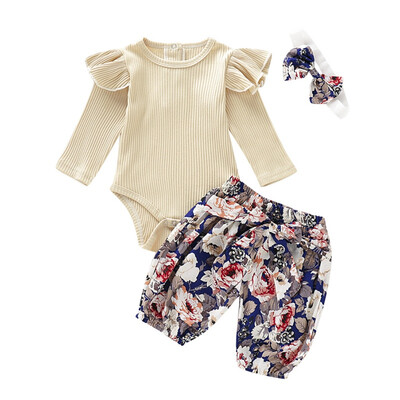 

Autumn Spring Baby Girl Adorable Short Sleeve Romper Tops Floral Print Trousers Headband Outfits Clothes