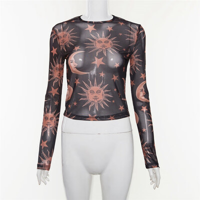 

Boho Mesh Top Sexy Transparent Female t-shirt Sun Moon Star Printed O-Neck Long Sleeve Tops Women t-shirts