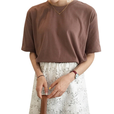 

Solid Color loose Casual Female Shirt College Wind O-neck Short-Sleeved T-Shirt Female