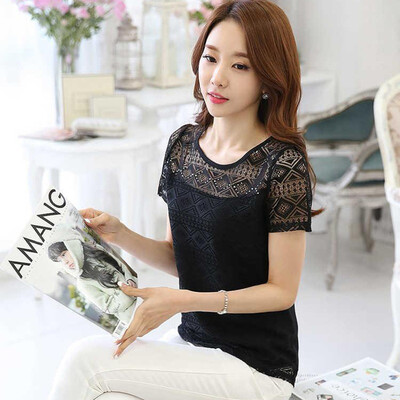 

Womens Short Sleeve Lace Hollow Out Blouses T Shirts Loose Summer Casual O-Neck Top
