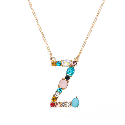 

A-Z Capital Letter Pendant Colorful Rhinestone Inlaid Women Necklace Jewelry