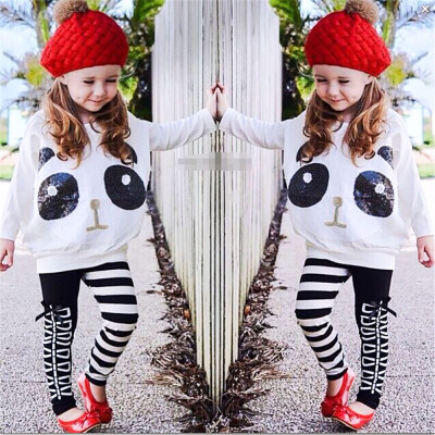 

Toddler Kids Girls Panda Sequins Tops T-shirtStriped Bow Pants Clothes Set