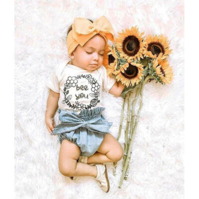 

UK Toddler Baby Girls Flower Outfits Clothes Short Sleeve TopsDenim Shorts Sets