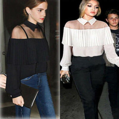 

Women Lace Chiffon Shirts Half Transparent Long Sleeve Shirt Blouse Loose Shirt