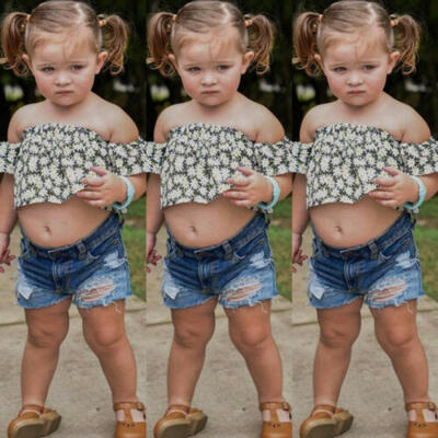 

Toddler Kids Baby Girls Floral Off Shoulder Tops Jeans Pants Outfits Clothes Set