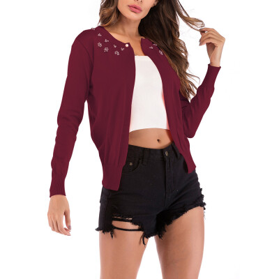 

Toponeto Women Openwork Solid Knit Cardigan Round Neckline Pearl Button Coat