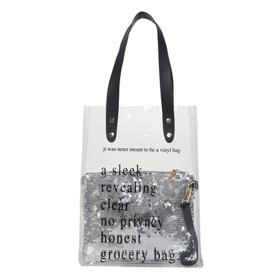 

Clear Tote Bag Women PVC Transparent Shopping Bag Sequins Shoulder Messenger Bags Gilrs Summer Beach Bag Handbag YJ